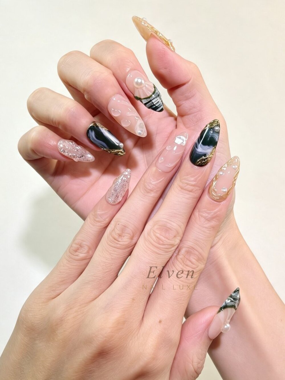 Nude Green Marble Press On Nails With Gold Foil Pearls And Shells Medium Almond